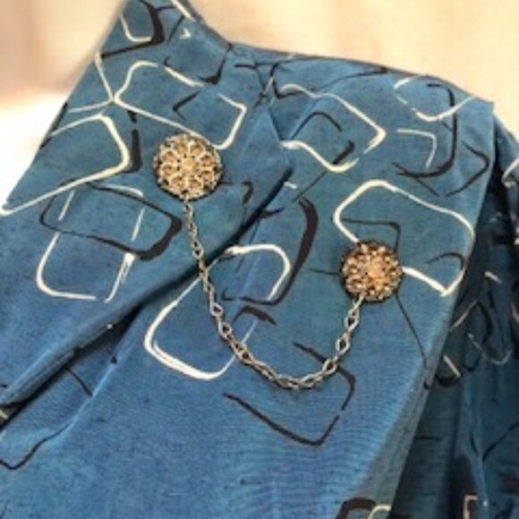 NWT Vintage Rayon/Acetate 1950s Blue Dress, 14-16, Rhinestone Buttons, Belt - Picture 2 of 9